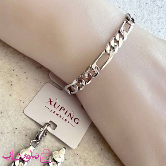 دستبند زنانه ژوپینگ طرح فیگارو نقره ای رنگ طول 19.5 سانت عرض 6.5 میل کد 5491