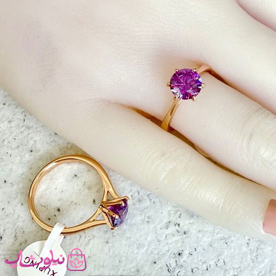 انگشتر زنانه ژوپینگ طلایی مدل سولیتر نگین بنفش کد 2391