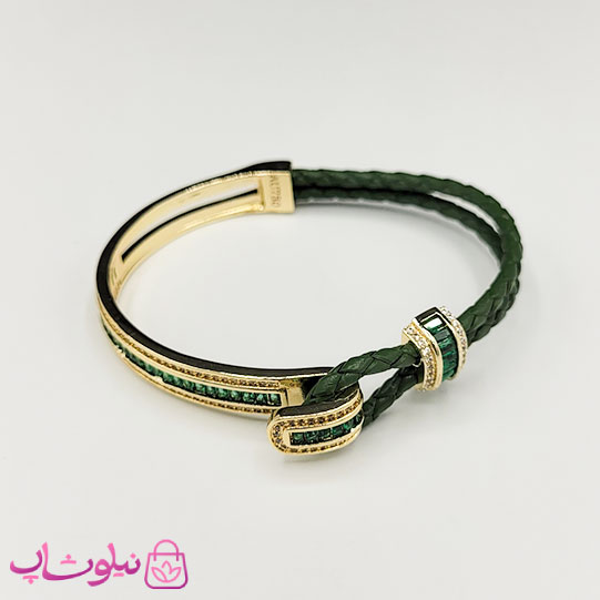 دستبند زنانه بولگاری مدل چرم استیل سبز طلایی کیفیت مستر کد 1600