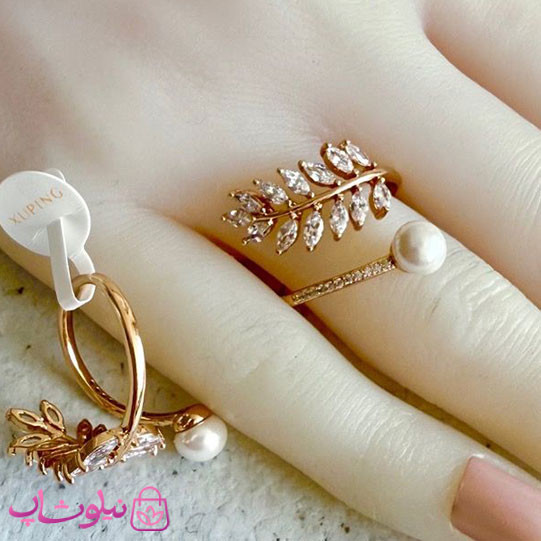انگشتر زنانه ژوپینگ طلایی مدل برگ و مروارید کد 3991
