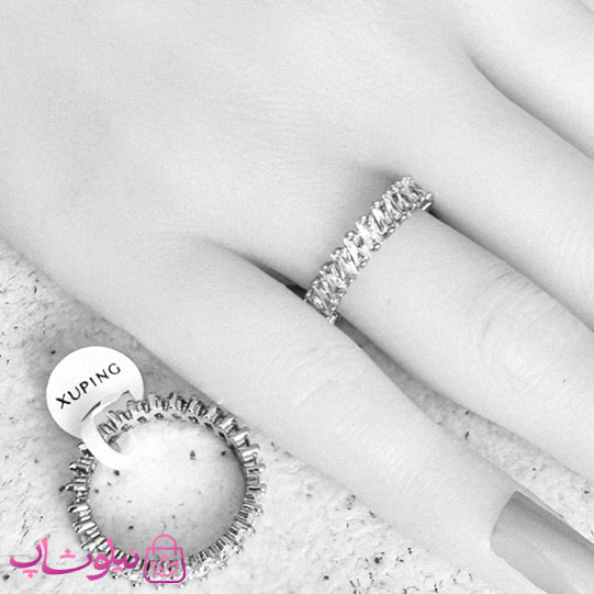 انگشتر زنانه ژوپینگ تنیسی مدل نگینهای باگتی اریب نقره ای رنگ کد 4991