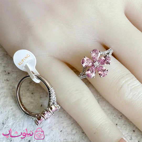 انگشتر زنانه ژوپینگ مدل گل صورتی نقره ای رنگ کد 3291