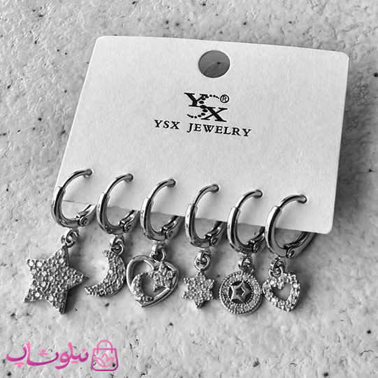 پک گوشواره زنانه YSX مدل ماه ستاره قلب نقره ای رنگ کد 4791