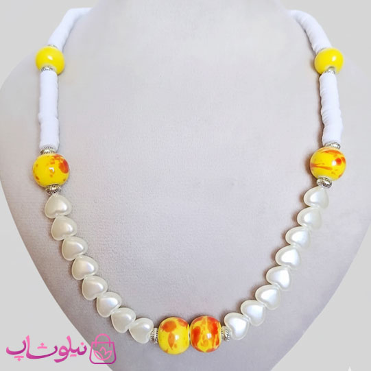 گردنبند دستساز ترکیب مروارید قلبی و فیمو و گوی چینی کد 300
