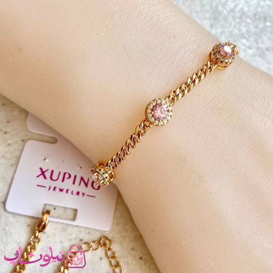 دستبند دخترانه ژوپینگ ظریف با نگین صورتی کد 3982