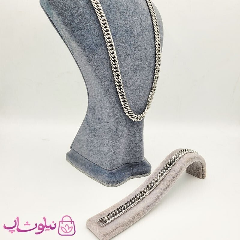 ست گردنبند و دستبند مردانه استیل سیلور کارتیه