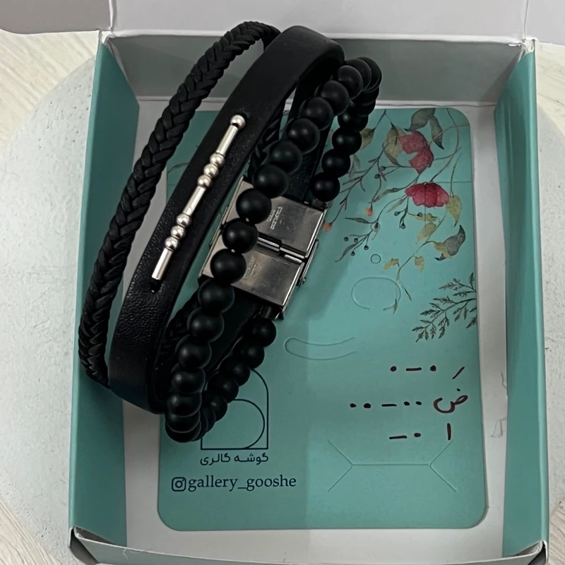 دستبند چرم سه لاین کد مورس نقره ایتالیایی اسم