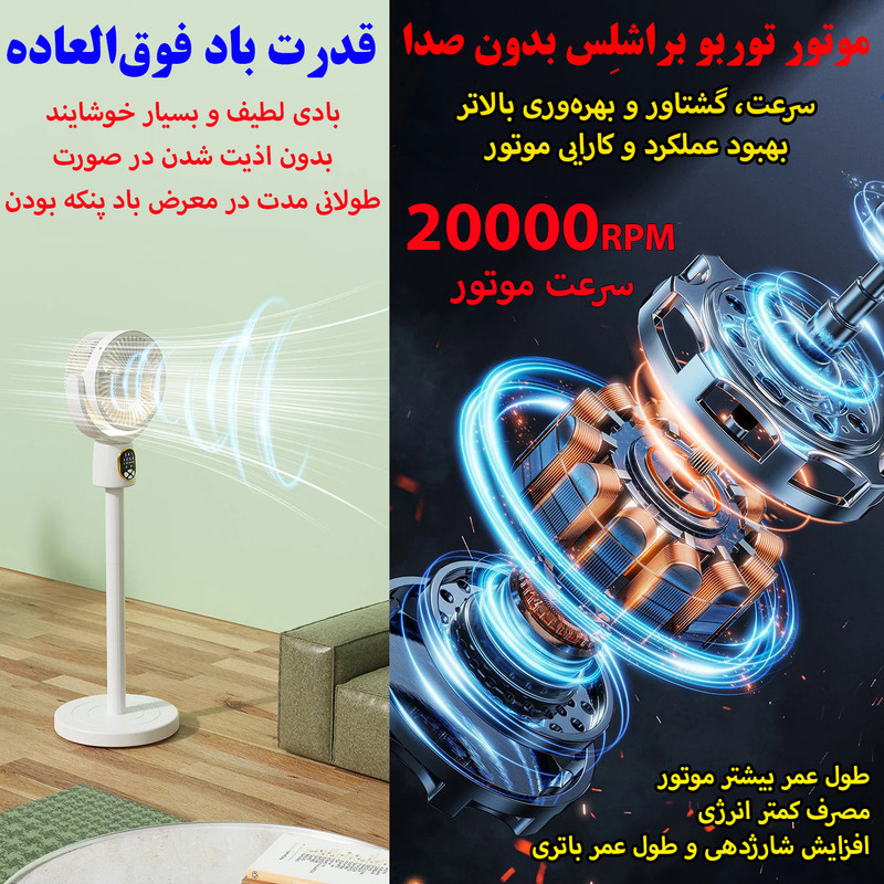 پنکه شارژی مدل ایستاده و رومیزی کد FZM-11 ظرفیت 8000 میلی آمپر ساعت