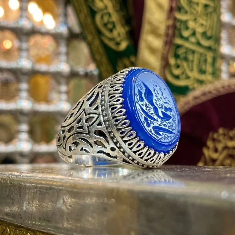 انگشتر عقیق آبی مردانه با حکاکی یا رقیه بنت الحسین | ترکیب زیبایی، آرامش و معنویت کد 4231
