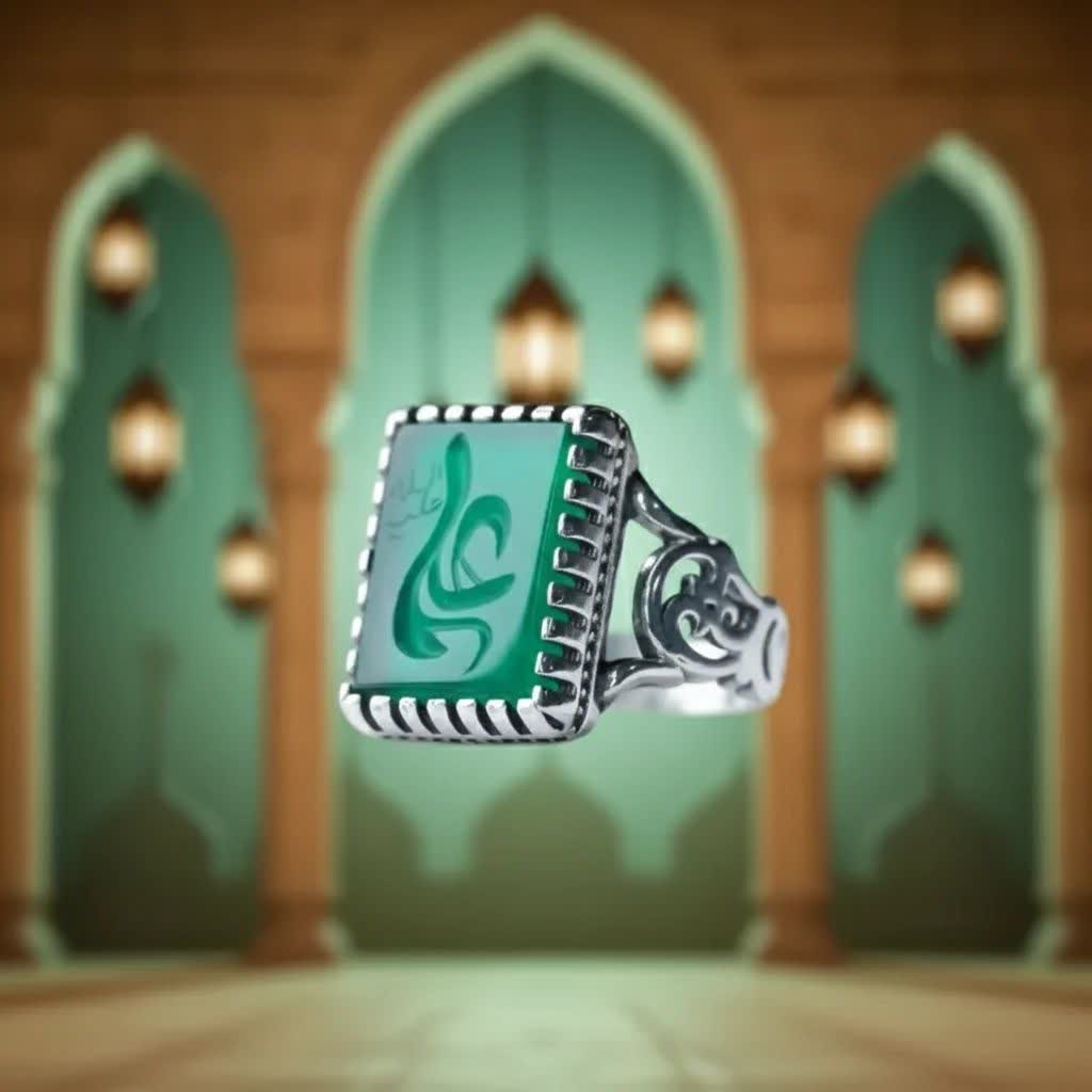 انگشتر نقره عقیق سبز رکاب رهبری (حکاکی ذکر علی (ع) - نماد اقتدار، عدالت و معنویت کد 3900