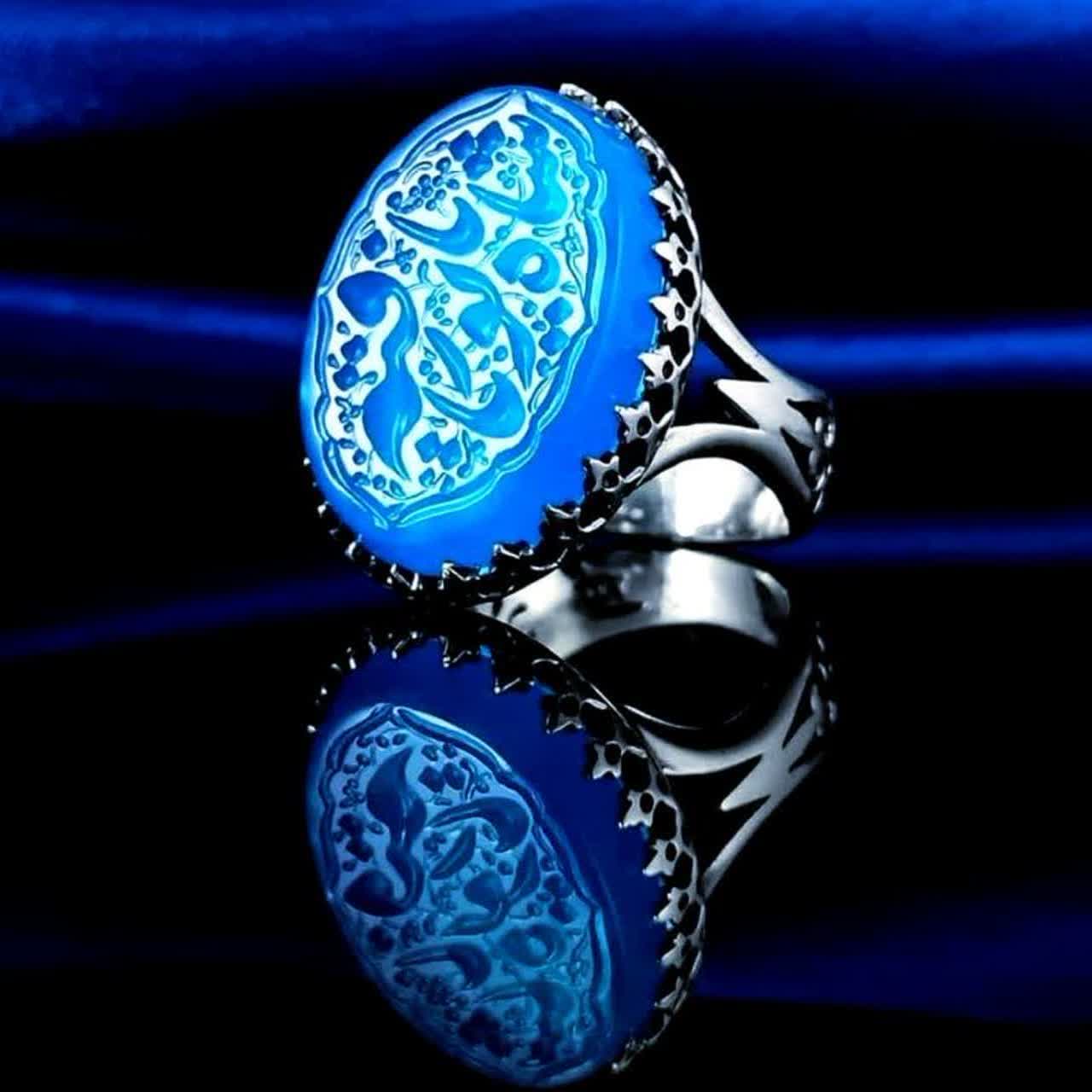 انگشتر عقیق آبی مردانه "اشک فرات" – توسل به شاه بانو "یا رقیه (س)"   کد  1808
