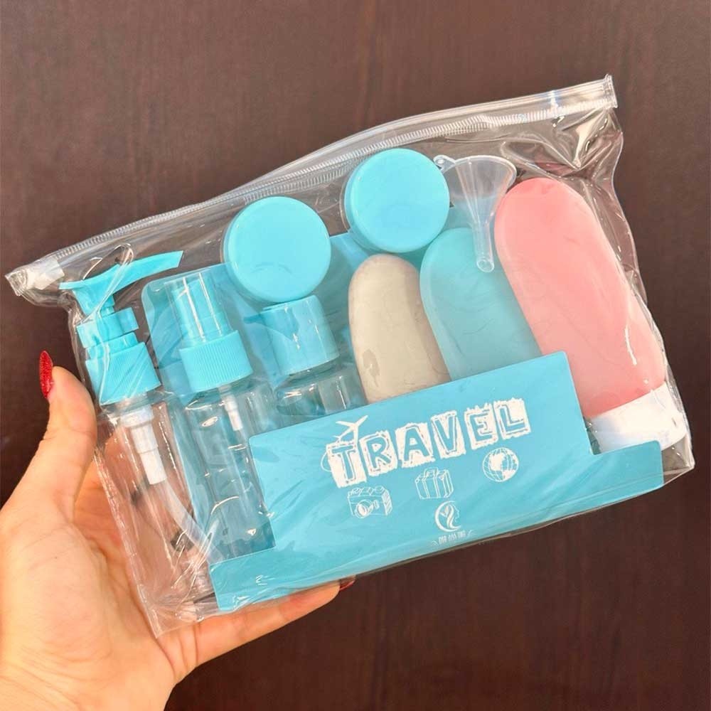 پک تراول مسافرتی 12 تکه ظرف مسافرتی قابل شستشو دارای کیف تلقی جمع و جور کاربردی جای کرم و شامپو شوینده و روغن