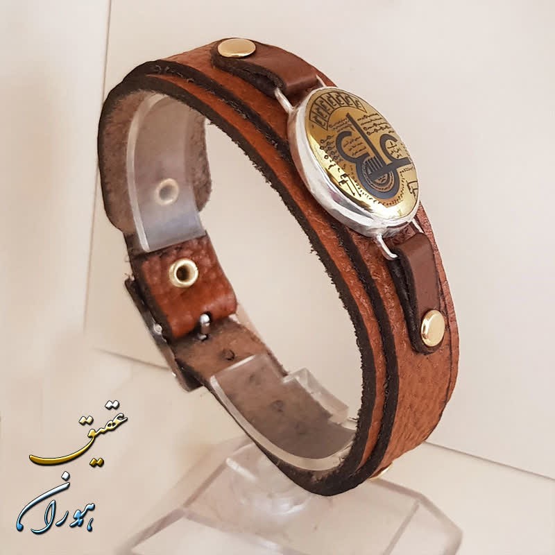 دستبند چرم با نگین حدید طلایی عین علی