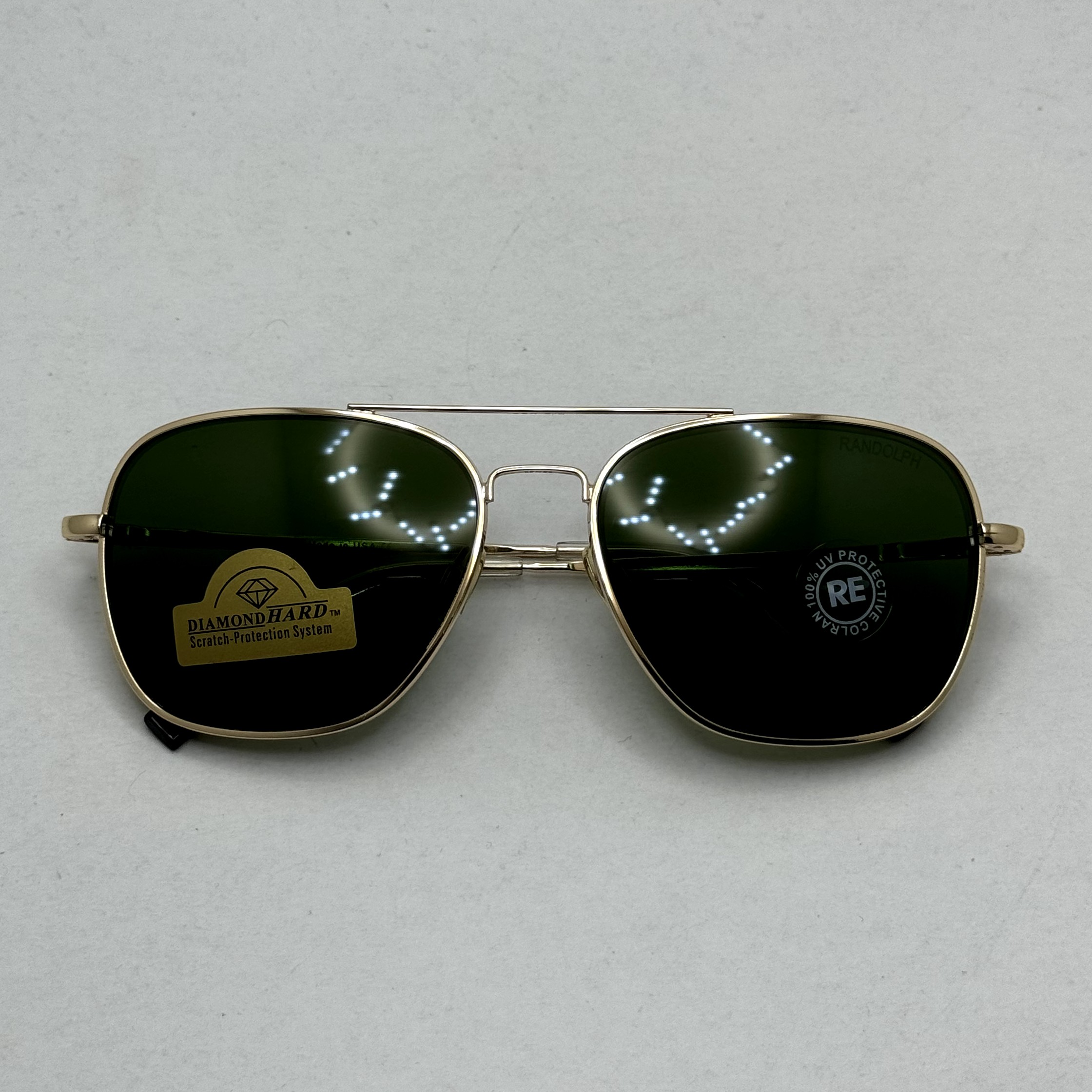 عینک آفتابی خلبانی رندولف شیشه سنگ آنتی رفلکس سبز فریم طلایی فول پک اصلی RANDOLPH AVIATOR RE 58 24K GOLD (ارسال رایگان)