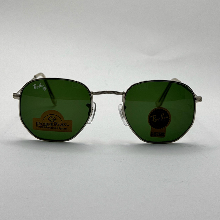 عینک ریبن هگزونال شیشه سنگ سبز فریم نقره ای به همراه پک کامل ریبن کد Rayban RB 3548 (ارسال رایگان)