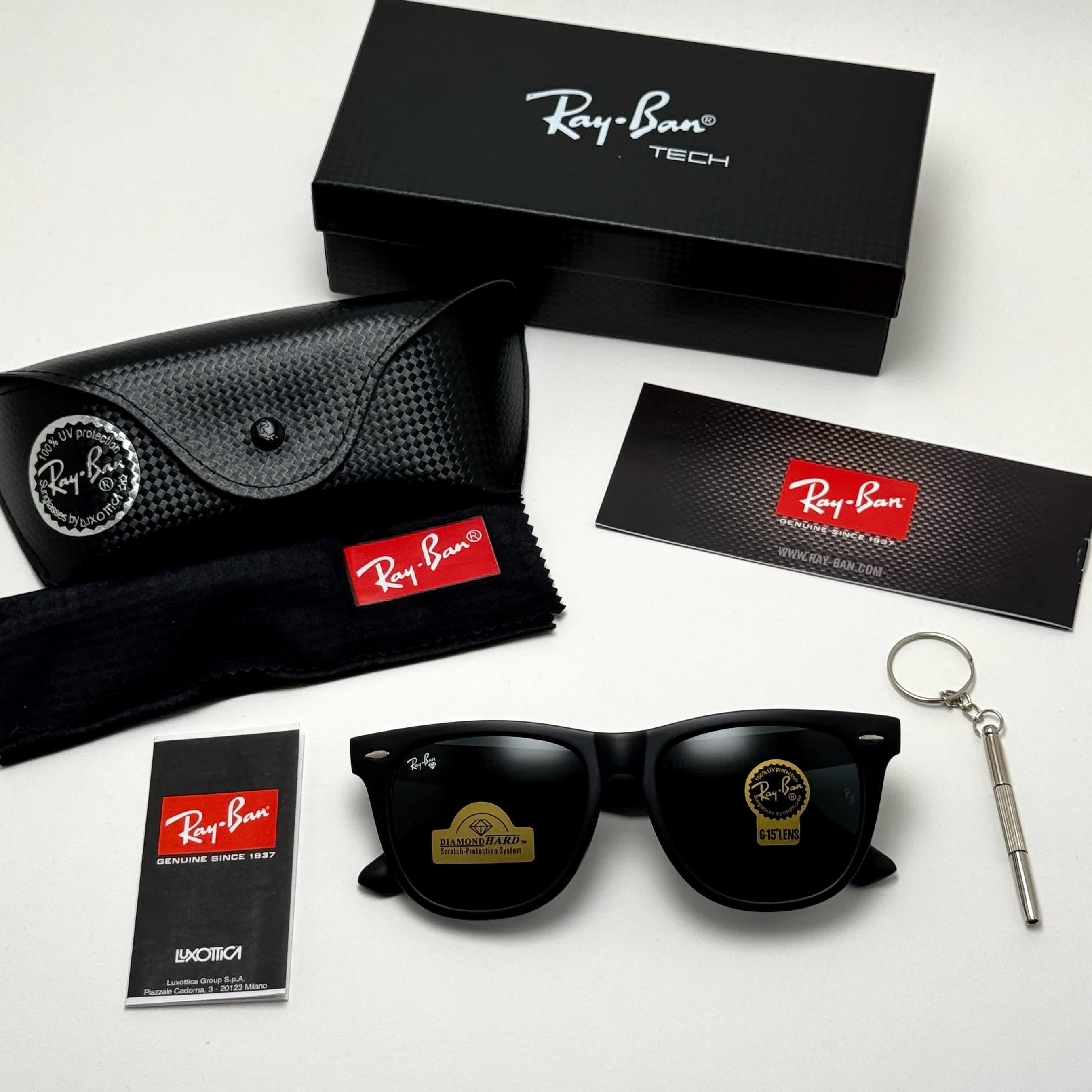 عینک آفتابی ریبن ویفرر شیشه سنگ مشکی که همراه پک کامل ریبن Rayban WAYFARER RB 2140 سایز 54 (ارسال رایگان)