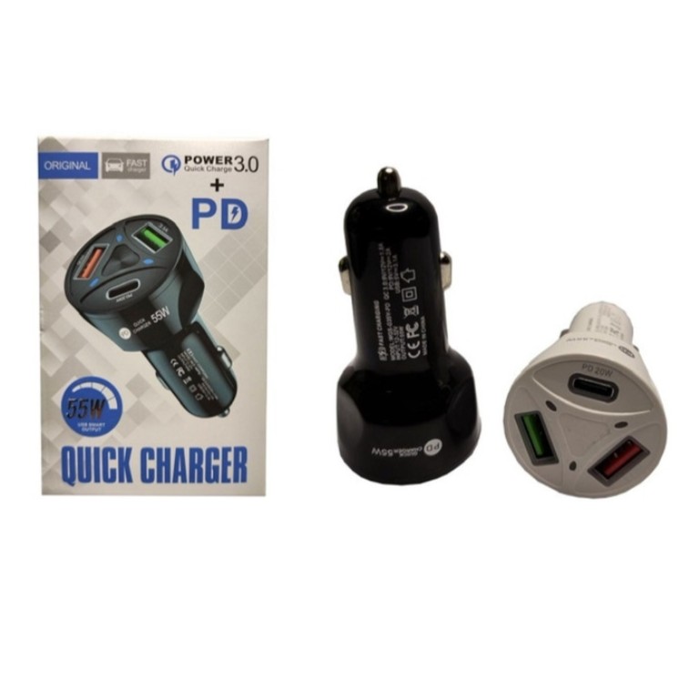 شارژر فندکی 55 وات ماشین 3 خروجی همزمان ، فست شارژ یک خروجی PD و دو خروجی USB پک دار شرکتی کیفیت بالا ایکس