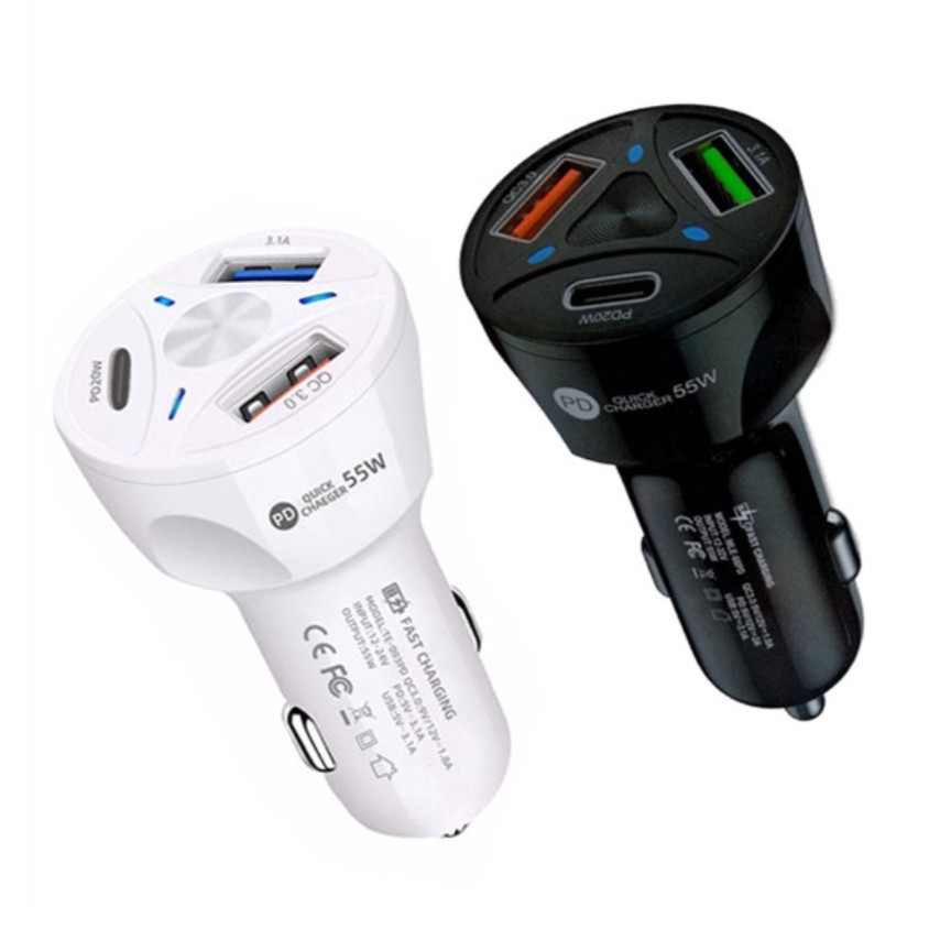 شارژر فندکی 55 وات ماشین 3 خروجی همزمان ، فست شارژ یک خروجی PD و دو خروجی USB پک دار شرکتی کیفیت بالا ایکس