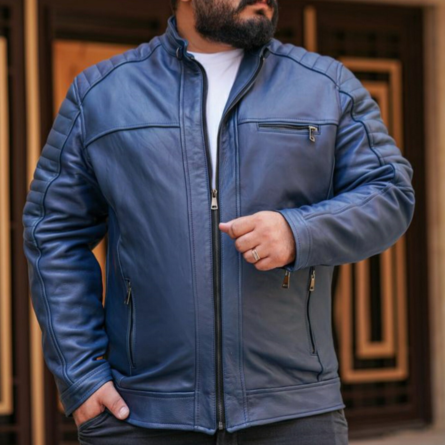 کاپشن چرم طبیعی اصل گوسفندی مردانه مدل طرح دار1